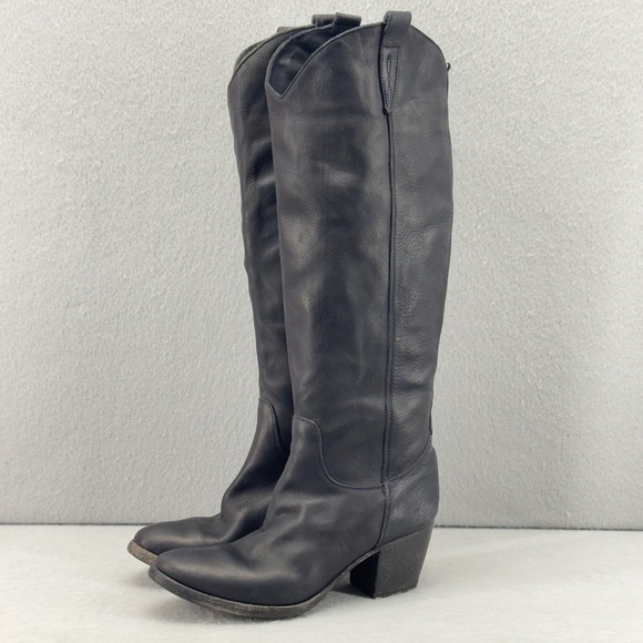 Open Closed Tall Black Leather Boots Italy Handmade Vero Cuoio Sz 40 #3677 - Picture 1 of 14